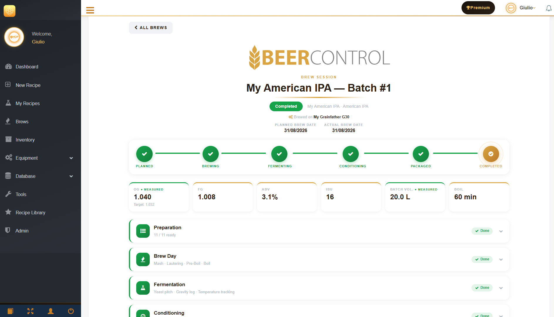 Beer Control brew session pipeline from Planned to Completed with measured readings