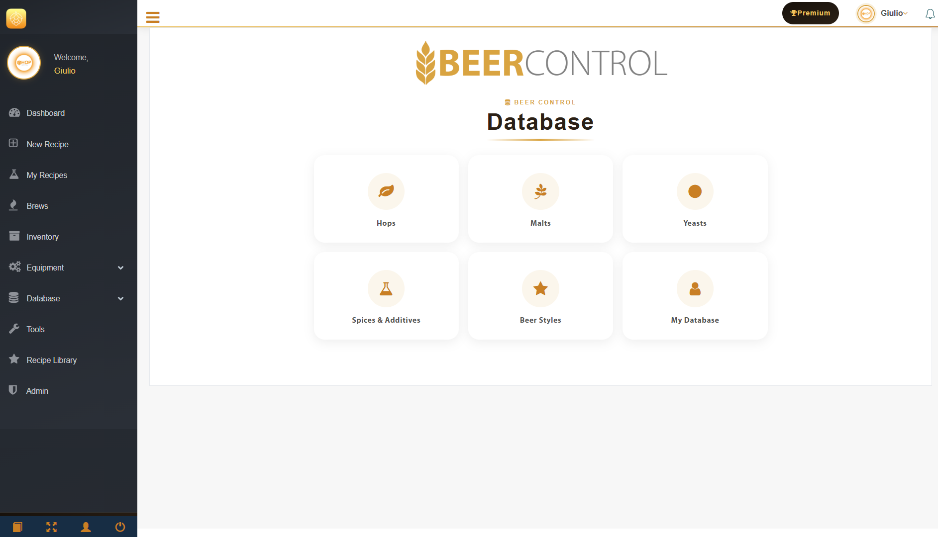 Beer Control database categories: hops, malts, yeasts, spices, styles and personal database
