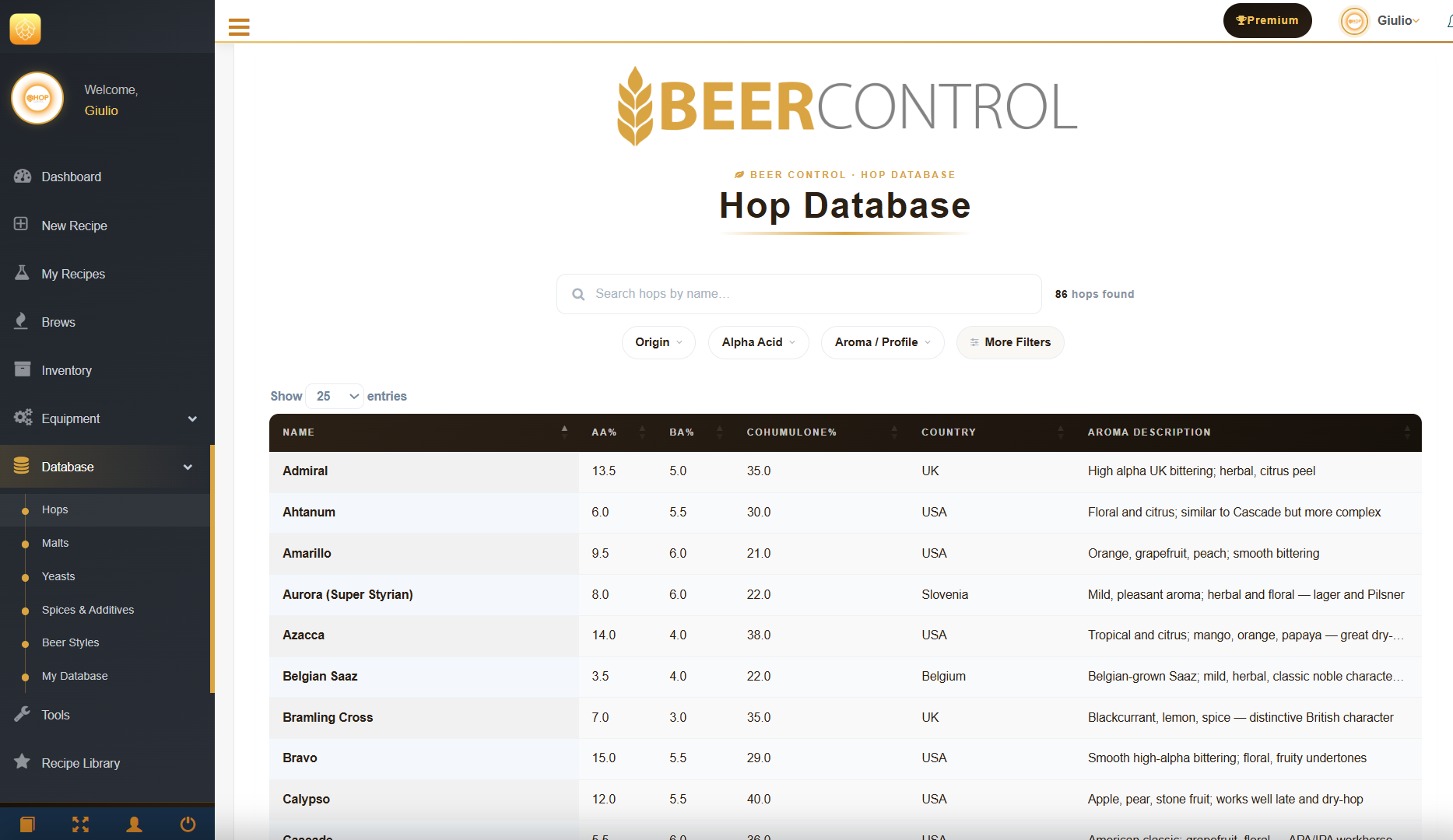 Beer Control hop database