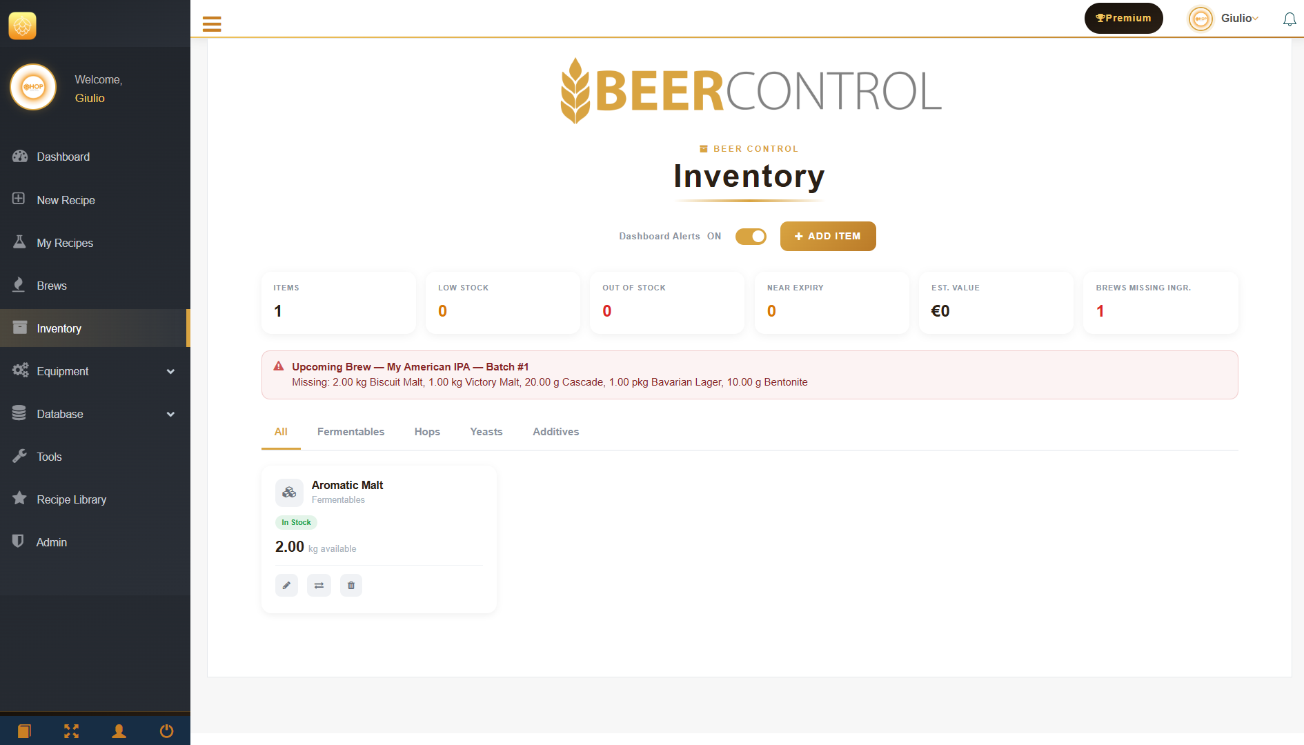 Beer Control inventory dashboard with stock levels and a missing-ingredient alert