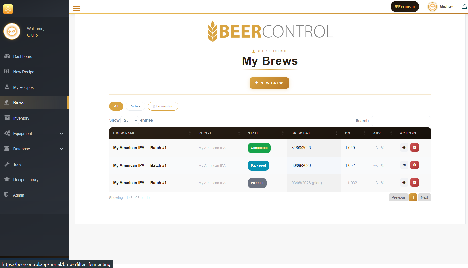 Beer Control brew tracking list