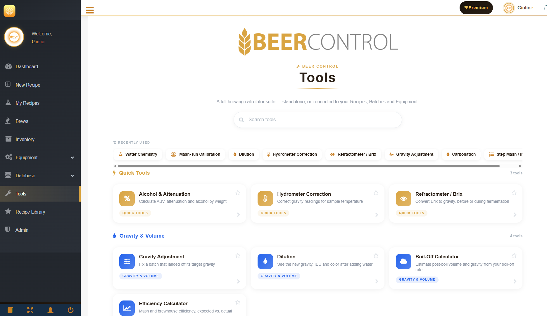 Beer Control brewing tools suite with quick calculators